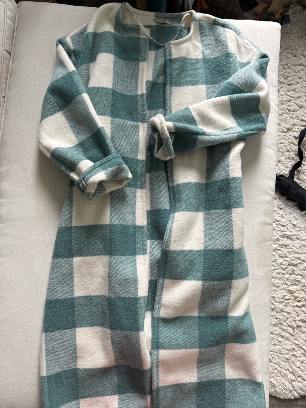 Loft Plaid Tie Front Duster Jacket Teal and White